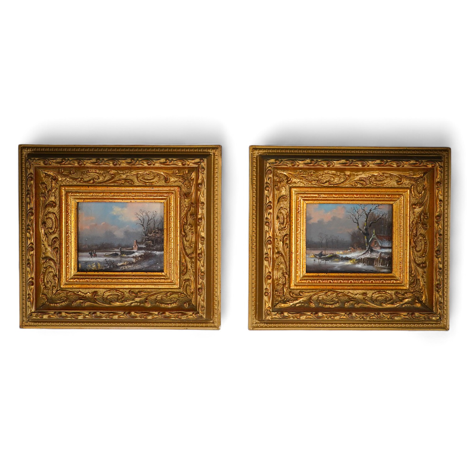 Contemporary Dutch school, pair of oils on board, winter scenes with figures skating, indistinctly signed P. kavcrcamp?, ornate gilt framed, 8 x 10cm. Condition - good